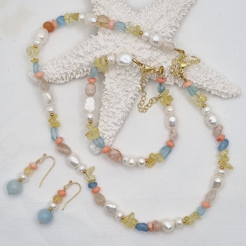 Serenity Citrine, Aquamarine, Coral and Pearl Necklace