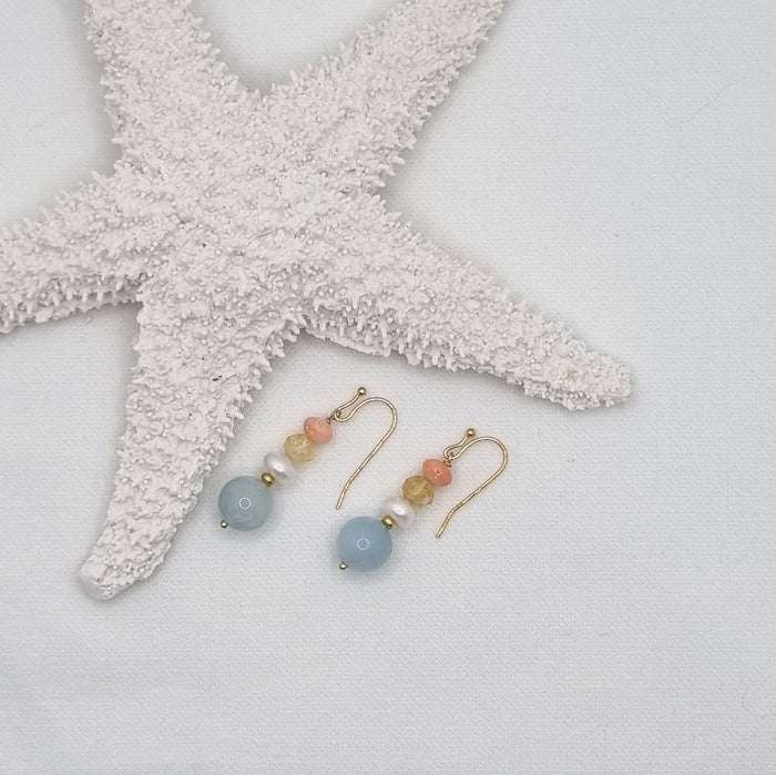 Serenity Citrine, Aquamarine, Coral and Pearl Earrings