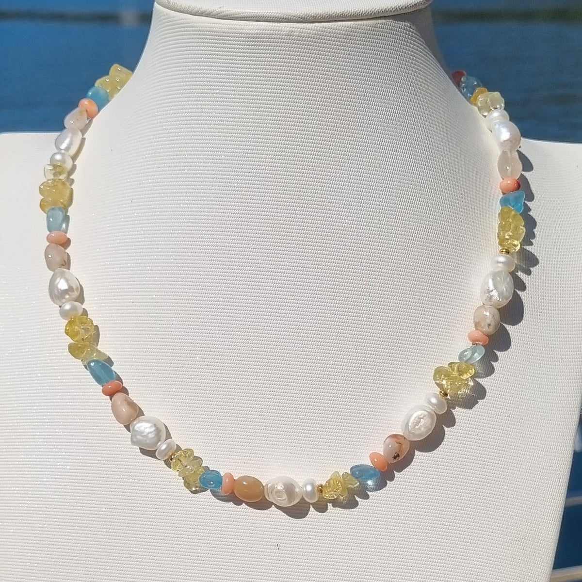 Serenity Citrine, Aquamarine, Coral and Pearl Necklace