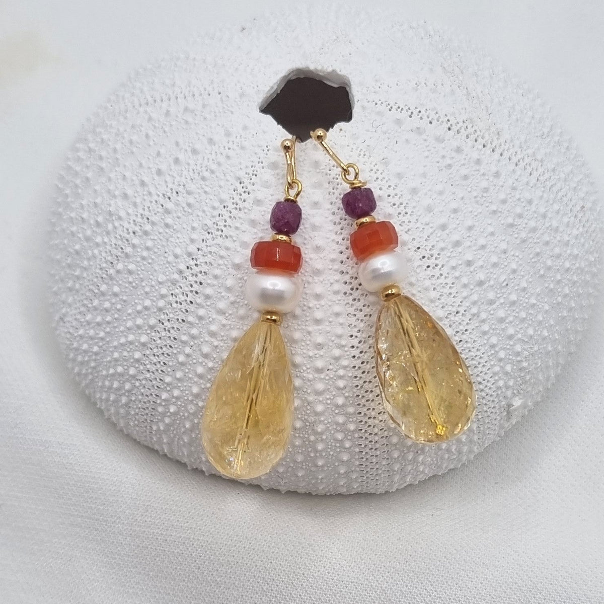 Serenity Citrine, Carnelian, Ruby and Pearl Earrings