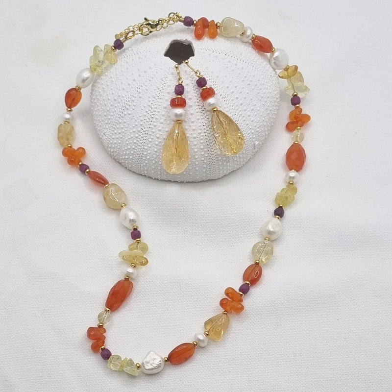 Serenity Citrine, Carnelian, Ruby and Pearl Necklace