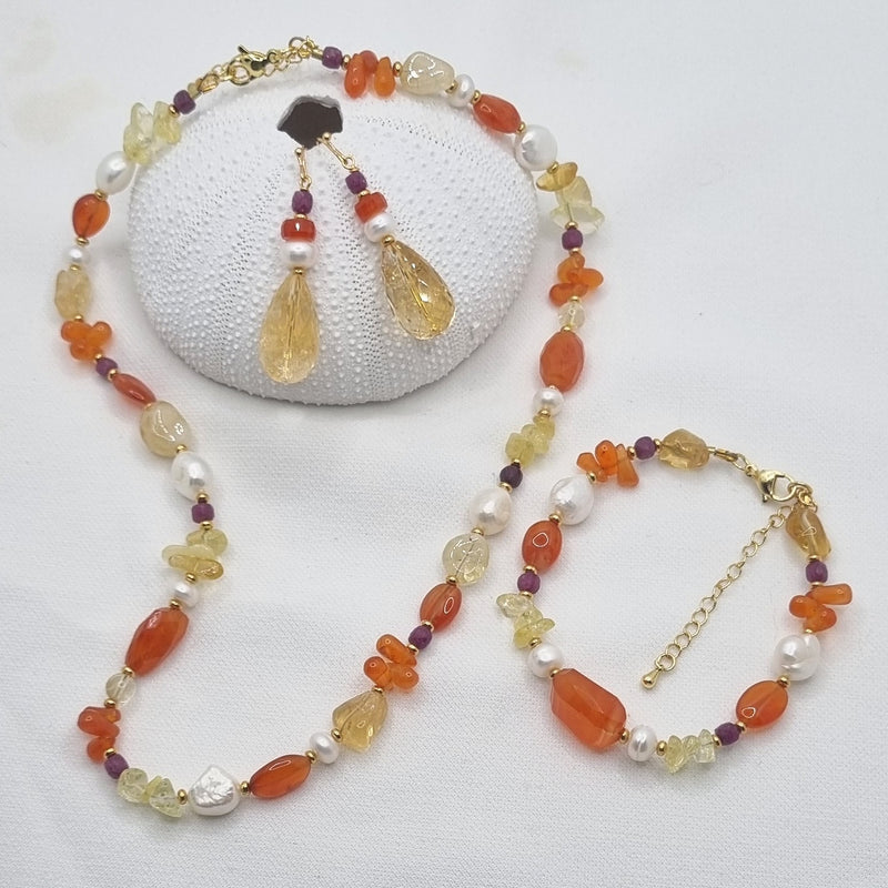 Serenity Citrine, Carnelian, Ruby and Pearl Necklace