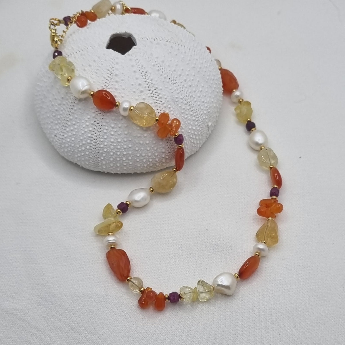 Serenity Citrine, Carnelian, Ruby and Pearl Necklace