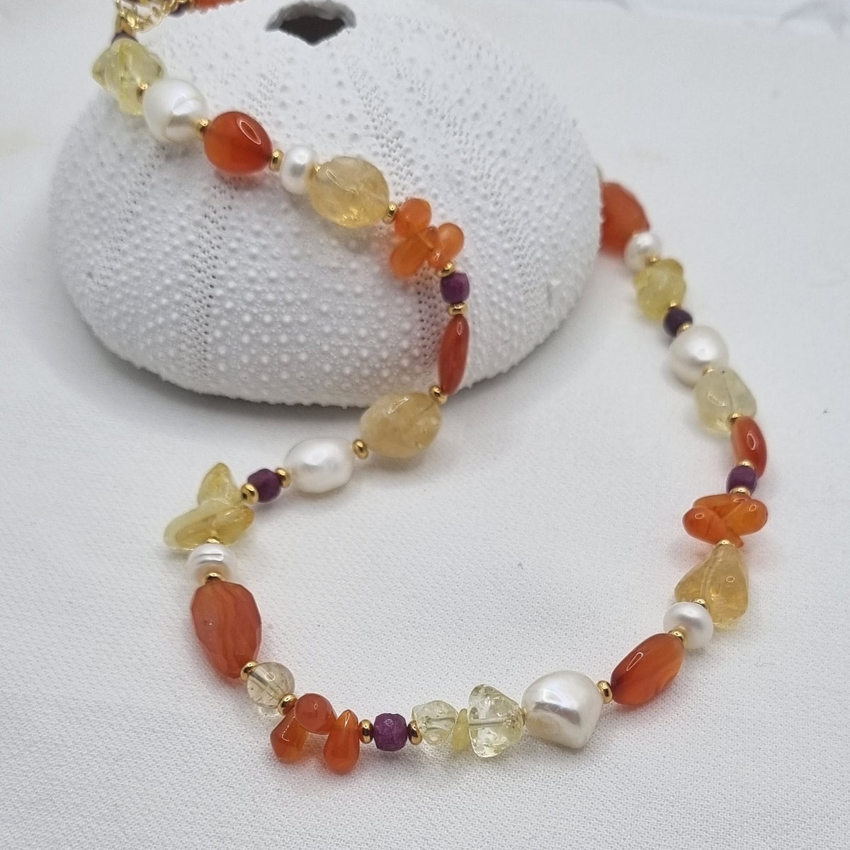 Serenity Citrine, Carnelian, Ruby and Pearl Necklace