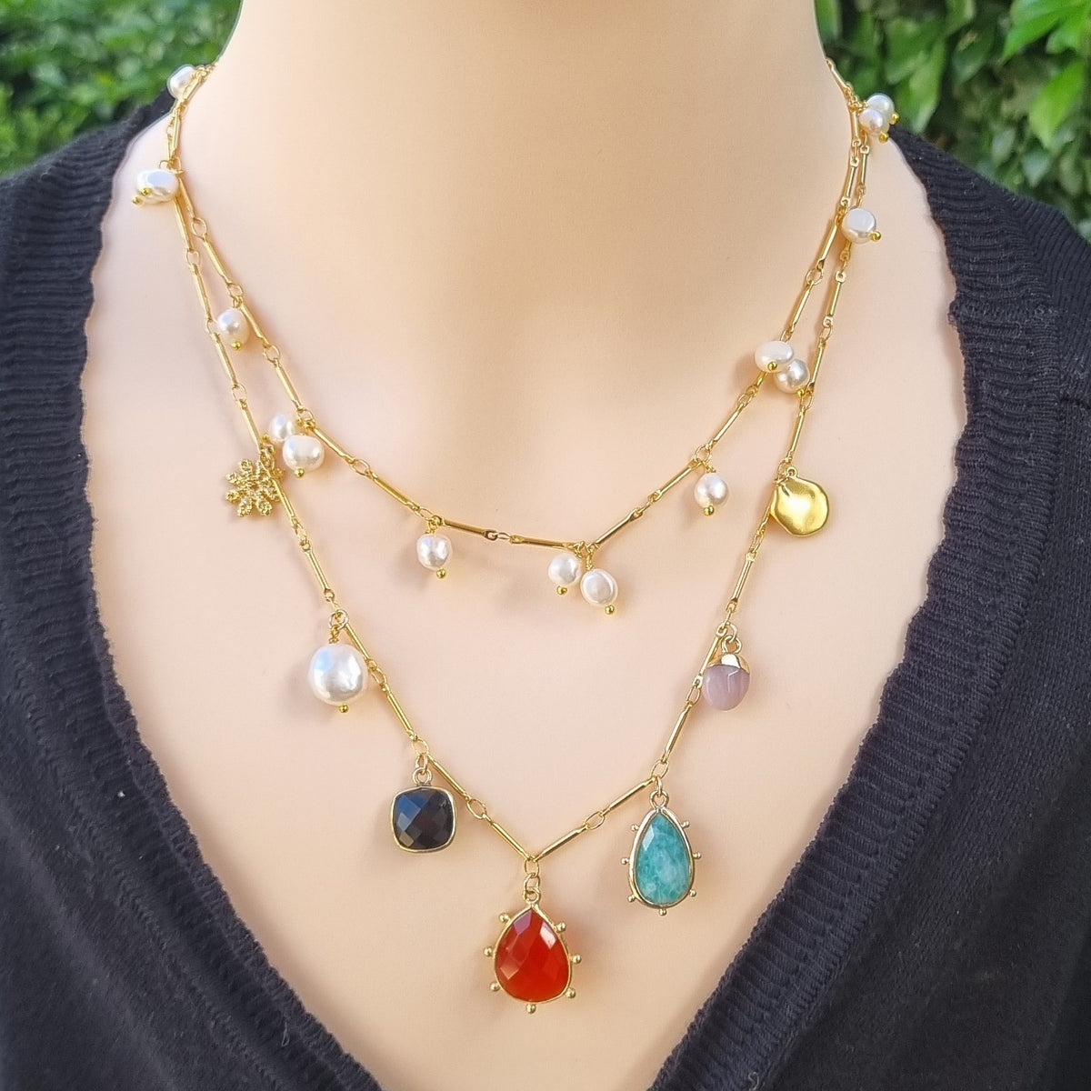 Treasured Charm Carnelian, Amazonite, Onyx and Pearl Necklace