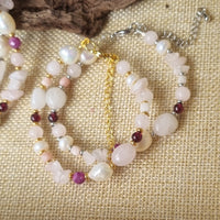 Serenity Rose Quartz, Garnet, Ruby and Pearl Necklace