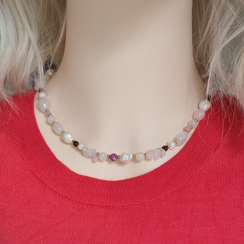 Serenity Rose Quartz, Garnet, Ruby and Pearl Necklace