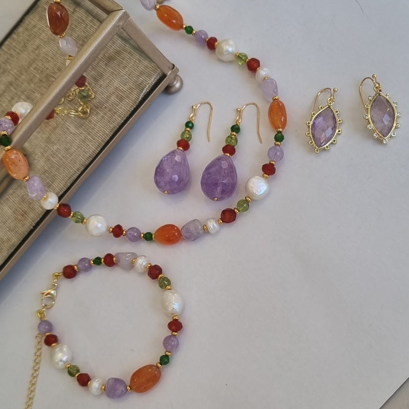 Serenity Carnelian, Amethyst, Peridot, Chrome Diopside and Pearl Necklace