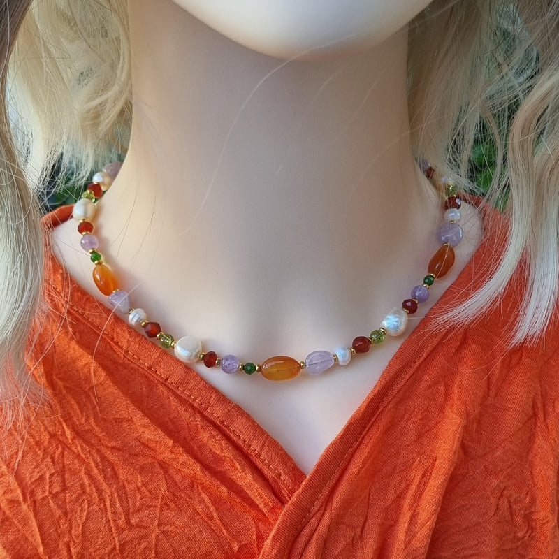 Serenity Carnelian, Amethyst, Peridot, Chrome Diopside and Pearl Necklace