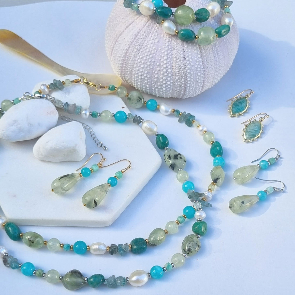 Serenity Amazonite, Prehnite, Apatite and Pearl Bracelet