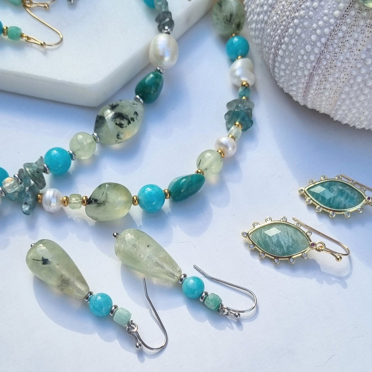 Serenity Amazonite, Prehnite, Apatite and Pearl Bracelet