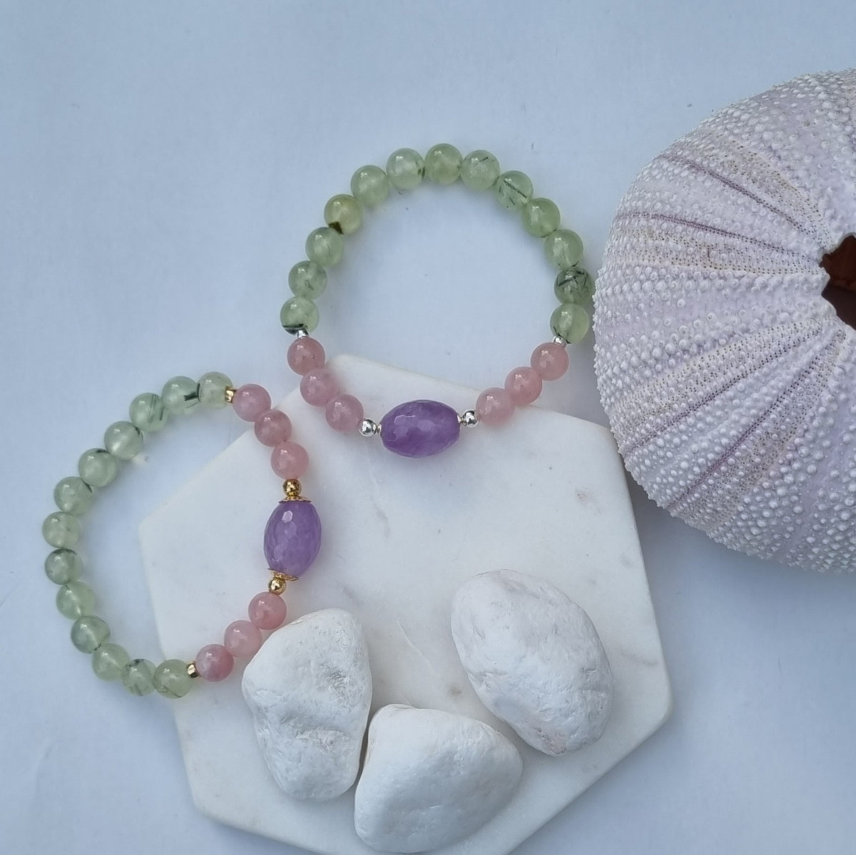 Sarah Prehnite, Rose Quartz and Lavender Amethyst Silver or Gold filled Bracelet