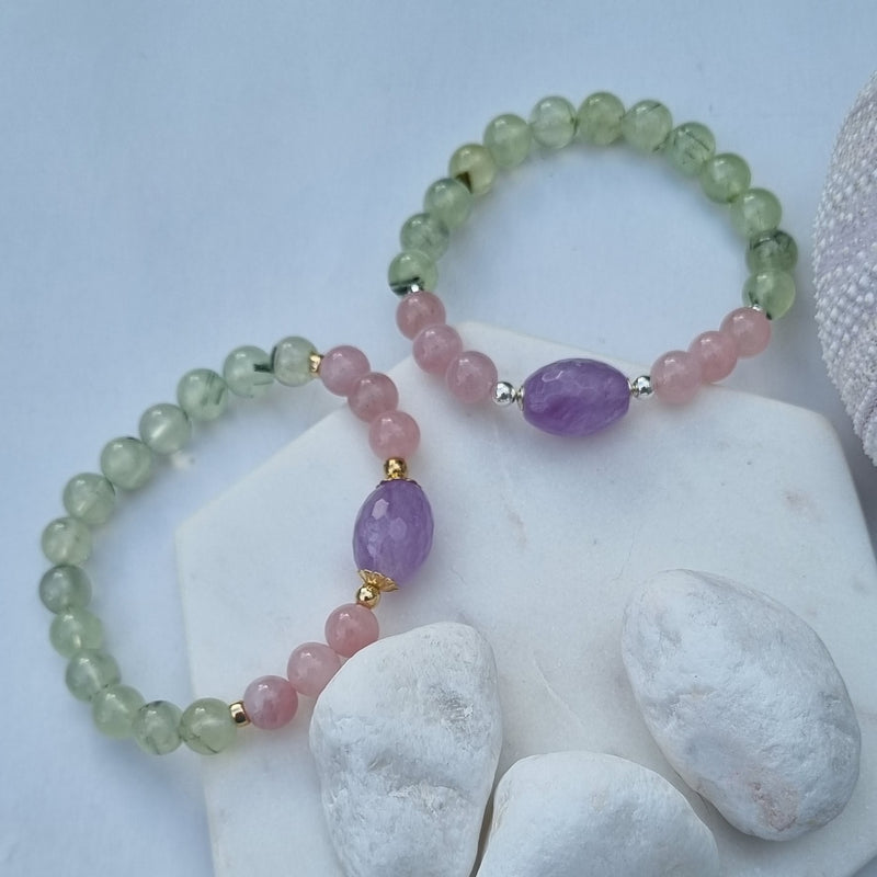 Sarah Prehnite, Rose Quartz and Lavender Amethyst Silver or Gold filled Bracelet