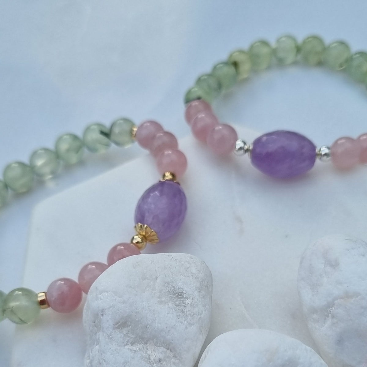 Sarah Prehnite, Rose Quartz and Lavender Amethyst Silver or Gold filled Bracelet