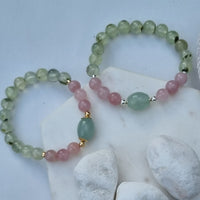 Sarah Prehnite, Rose Quartz and Aquamarine Silver or Gold filled Bracelet