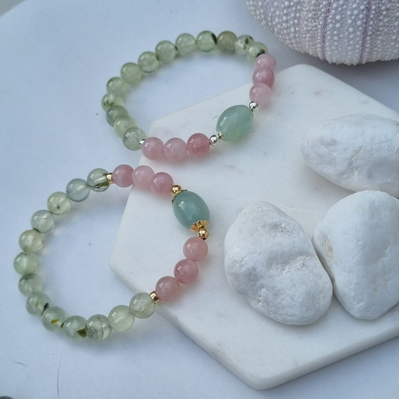 Sarah Prehnite, Rose Quartz and Aquamarine Silver or Gold filled Bracelet