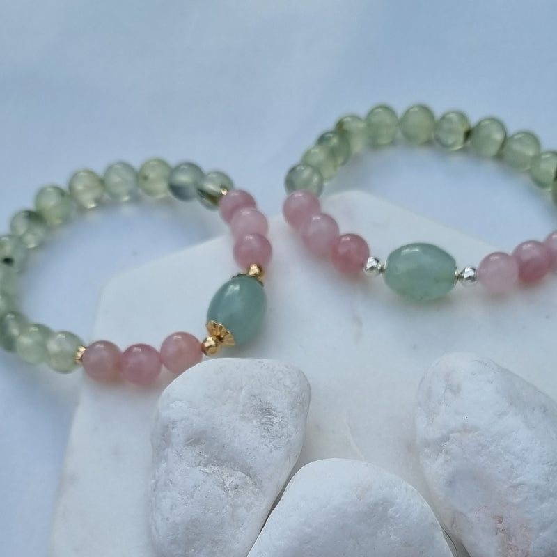 Sarah Prehnite, Rose Quartz and Aquamarine Silver or Gold filled Bracelet