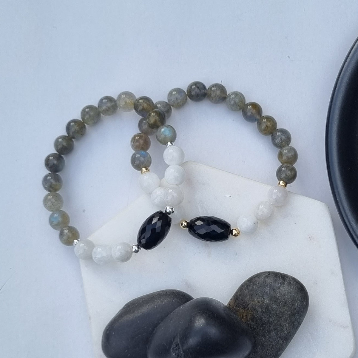 Sarah Labradorite, Moonstone and Onyx Silver or Gold filled Bracelet