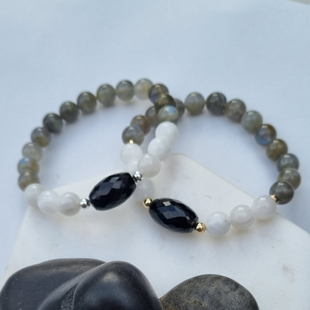 Sarah Labradorite, Moonstone and Onyx Silver or Gold filled Bracelet