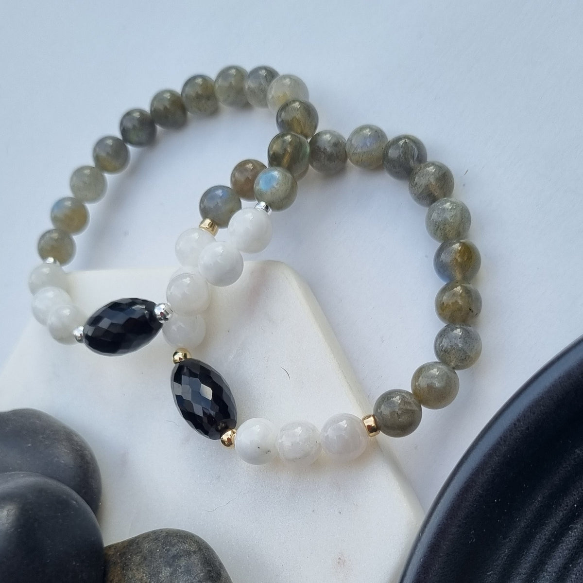 Sarah Labradorite, Moonstone and Onyx Silver or Gold filled Bracelet