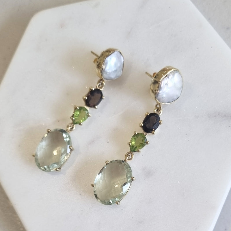 Harley Pearl, Smokey quartz, Peridot and Green Amethyst Gold plate Silver Earrings