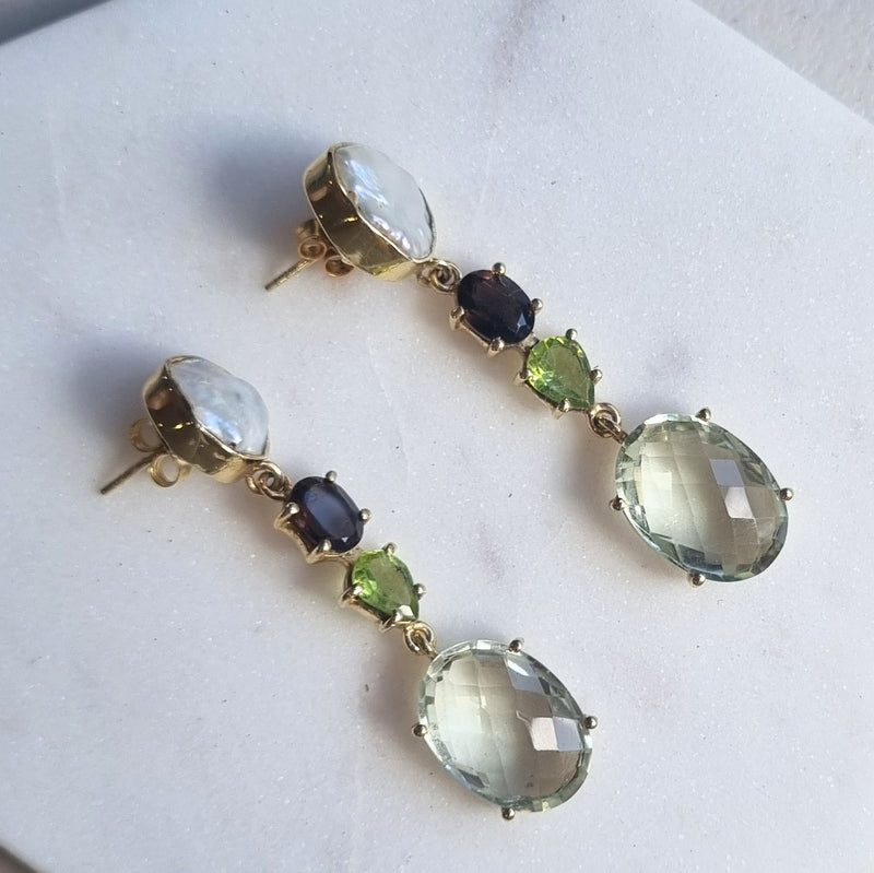 Harley Pearl, Smokey quartz, Peridot and Green Amethyst Gold plate Silver Earrings