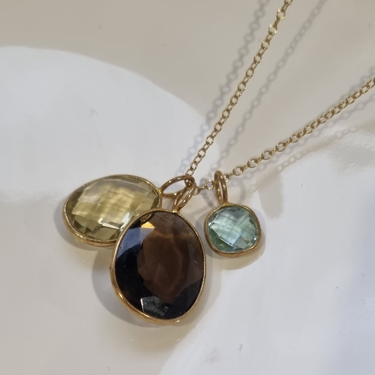 Tatiana 3 Gemstone drop No.9 Smokey Quartz, Lemon Quartz and Blue Topaz Necklace one only (Copy)