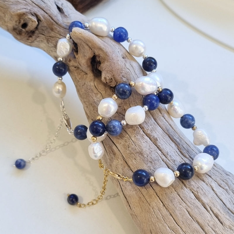 Tallulah Sodalite & Freshwater Pearl Bracelet Gold filled or Sterling Silver