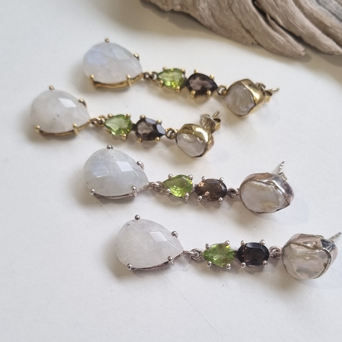 Harley Pearl, Smokey Quartz, Peridot and Moonstone Silver Earrings