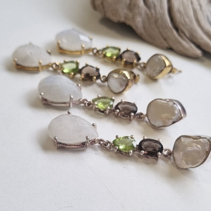 Harley Pearl, Smokey Quartz, Peridot and Moonstone Silver Earrings