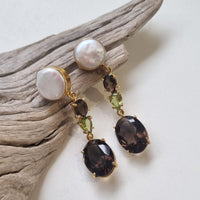 Harley Pearl, Smokey Quartz and Peridot Gold plate Silver Earrings