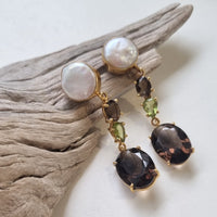 Harley Pearl, Smokey Quartz and Peridot Gold plate Silver Earrings