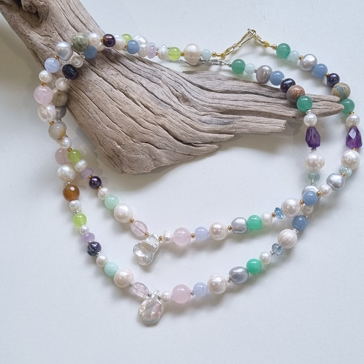 Sage Pearl, Rose Quartz, Chrysophase, Amethyst Necklace