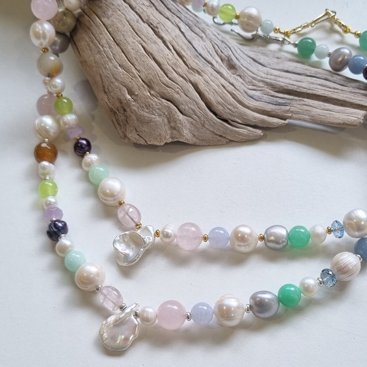 Sage Pearl, Rose Quartz, Chrysophase, Amethyst Necklace