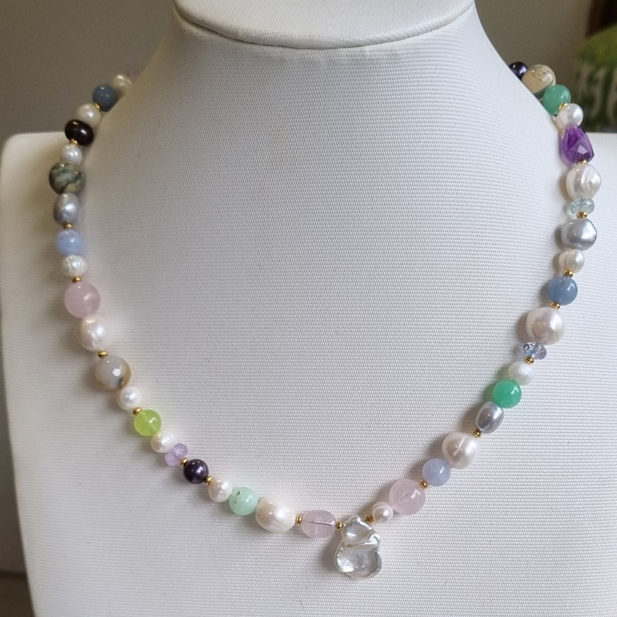 Sage Pearl, Rose Quartz, Chrysophase, Amethyst Necklace