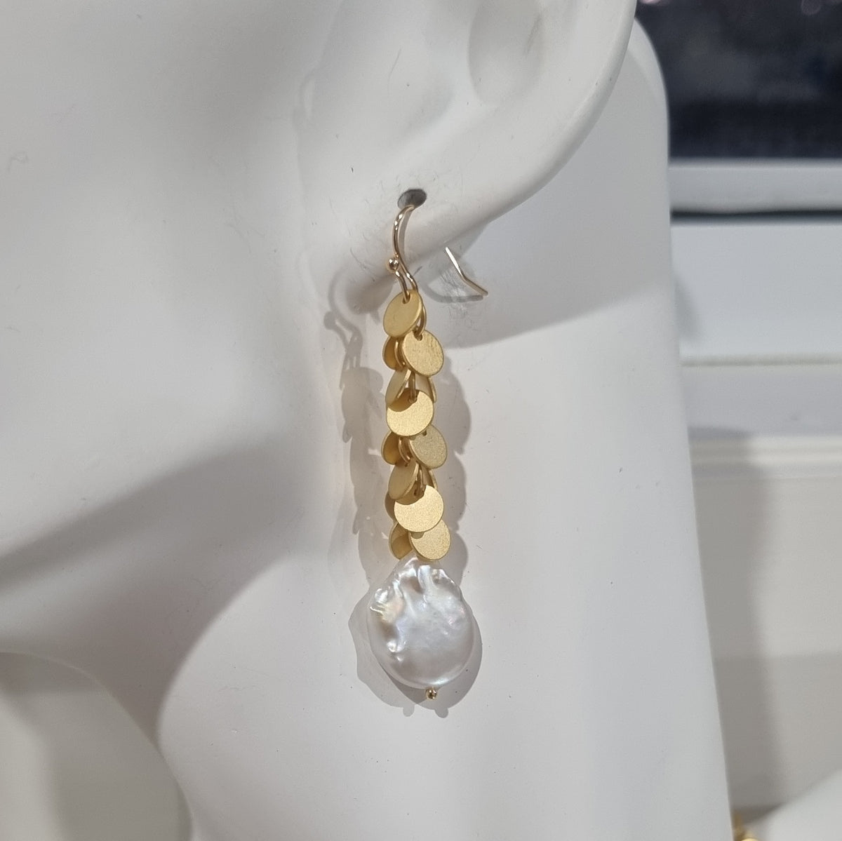 Briella Gold Baroque Freshwater Pearl Disc Chain Earring