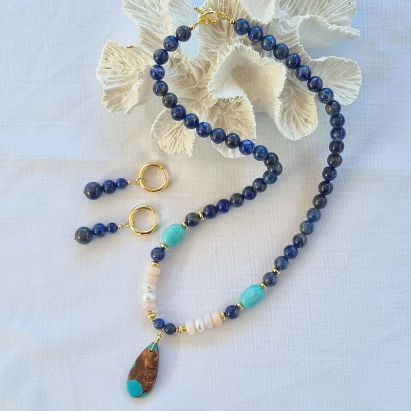 Avery Lapis Lazuli, Pearl, Amazonite and Pink Opal pendant necklace