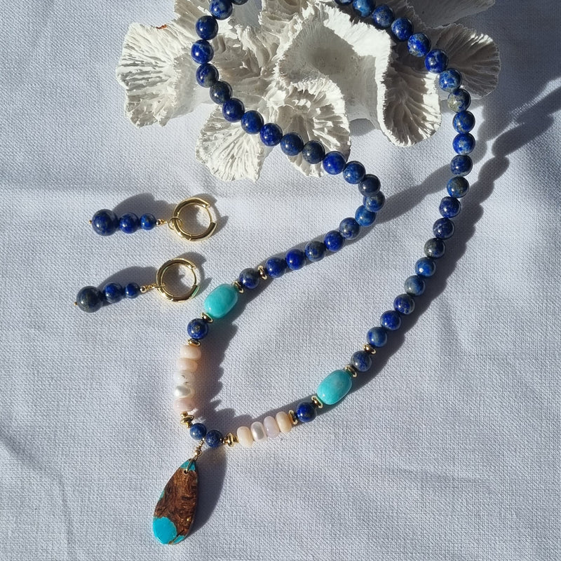 Avery Lapis Lazuli, Pearl, Amazonite and Pink Opal pendant necklace