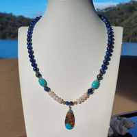 Avery Lapis Lazuli, Pearl, Amazonite and Pink Opal pendant necklace