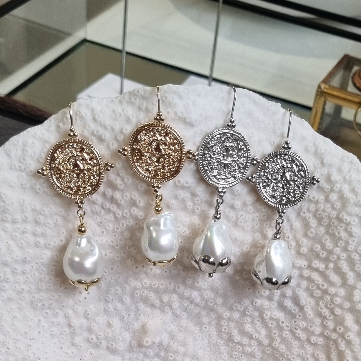 Ancient Coin Baroque Pearl Earrings