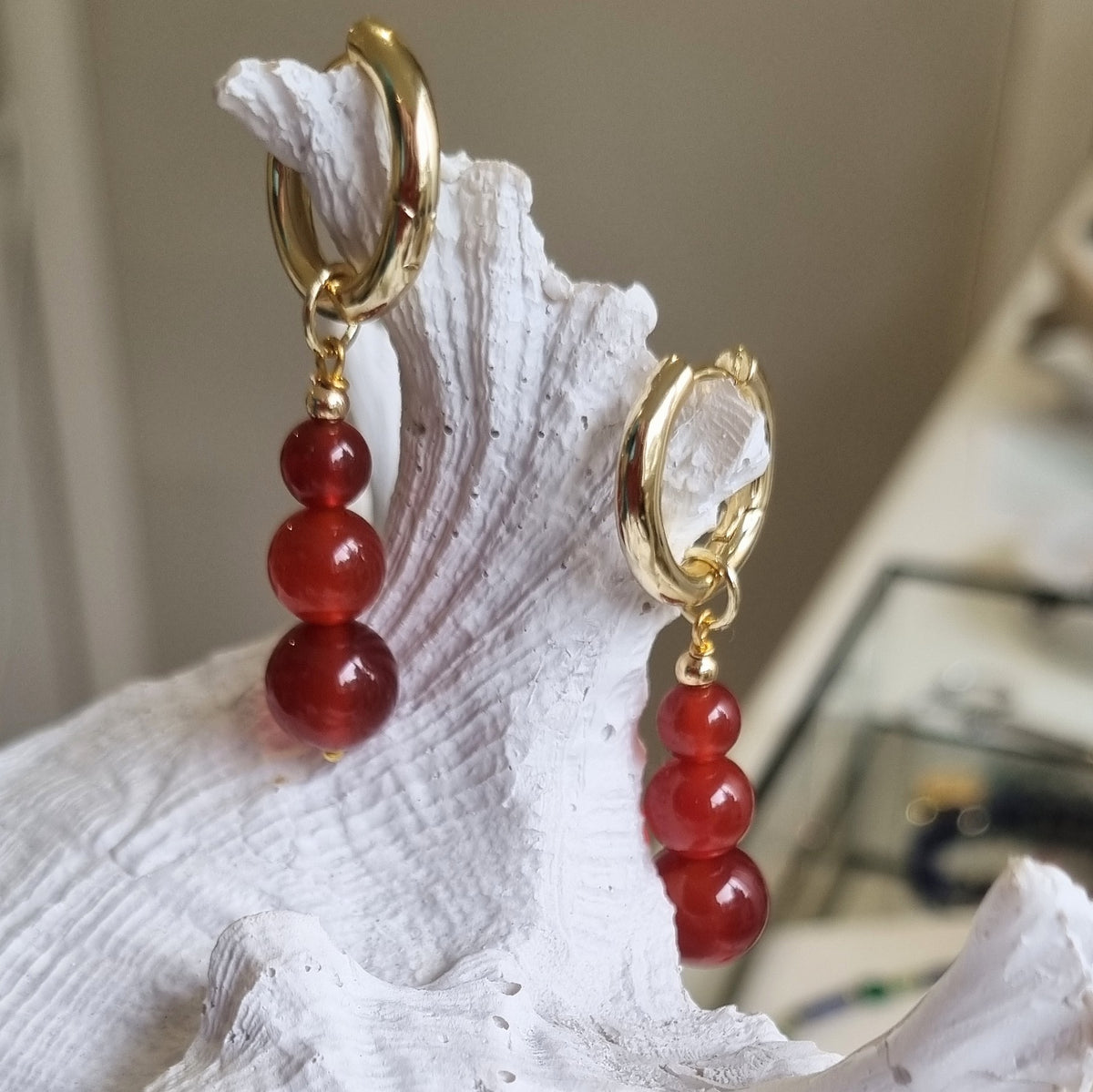 Blayr Carnelian Three stone Hoop Earrings