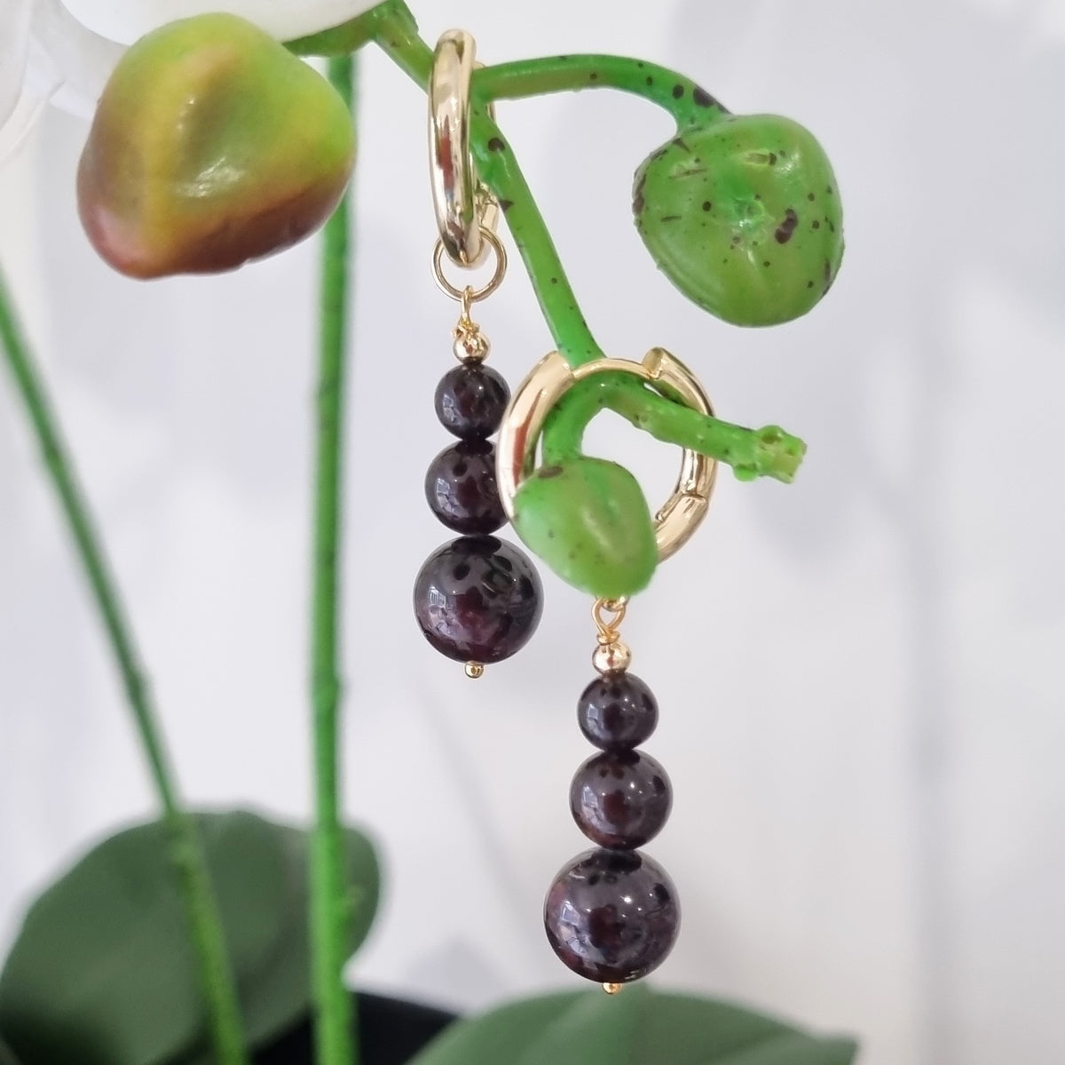 Blayr Garnet Three stone Hoop Earrings