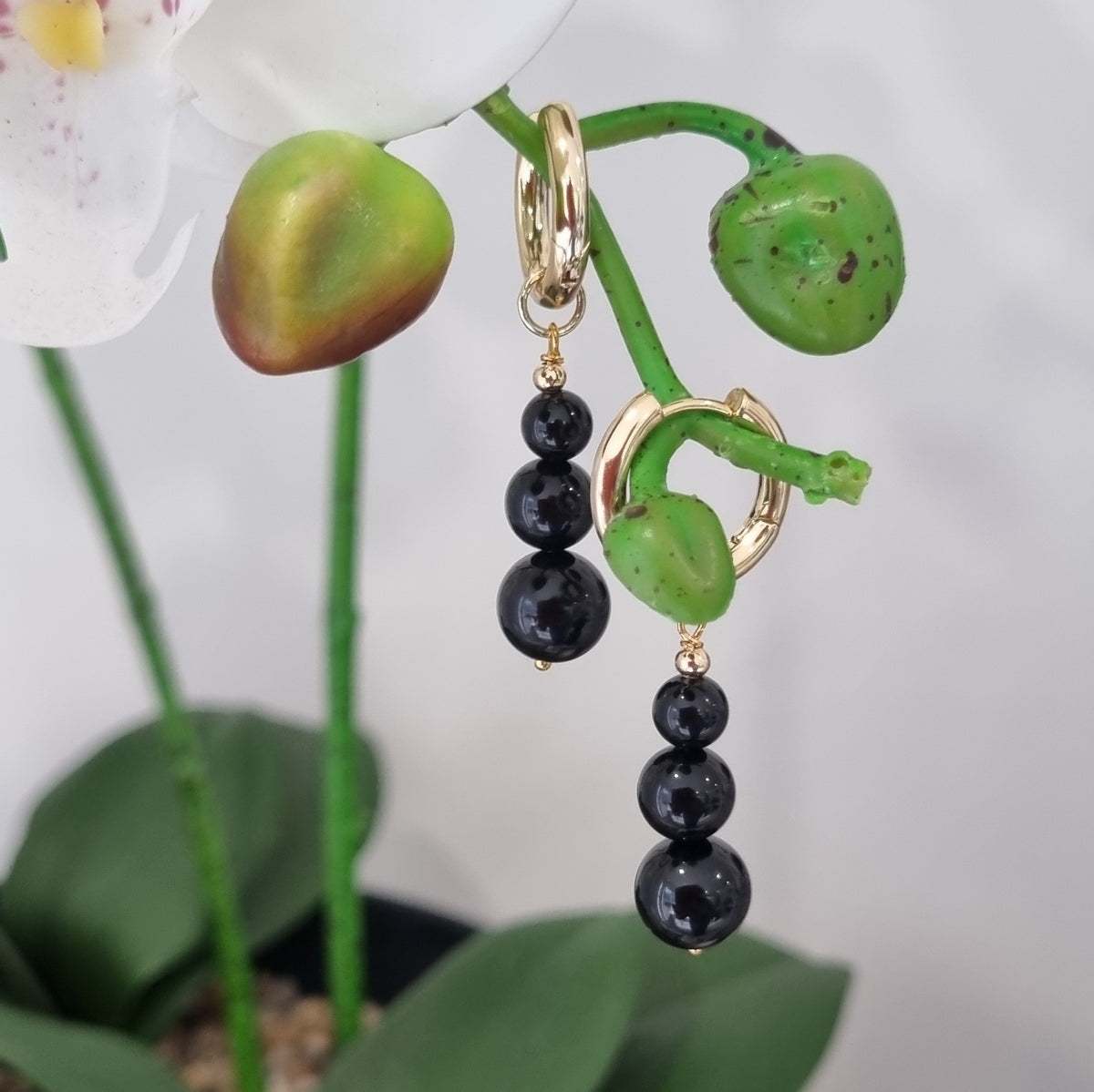 Blayr Onyx Three stone Hoop Earrings