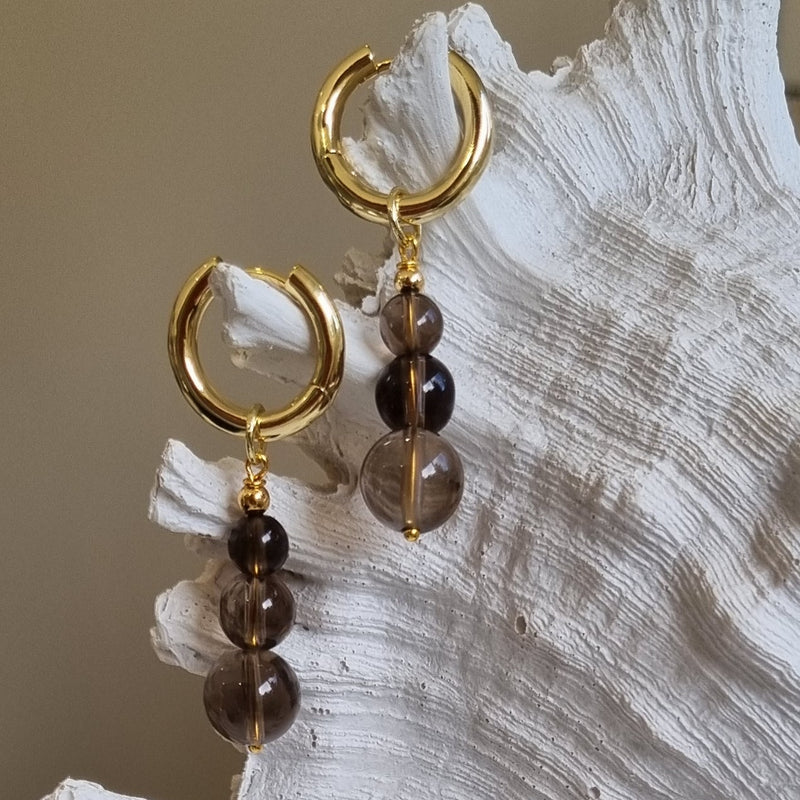 Blayr Smokey Quartz three stone Hoop Earrings