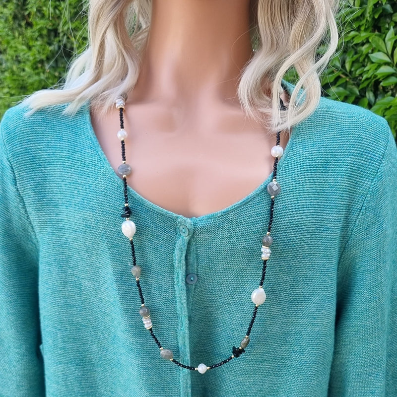 Pizzazz long Necklace Spinel, Pearl & Labradorite