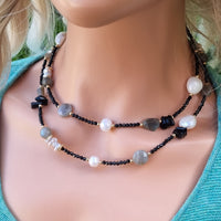 Pizzazz long Necklace Spinel, Pearl & Labradorite