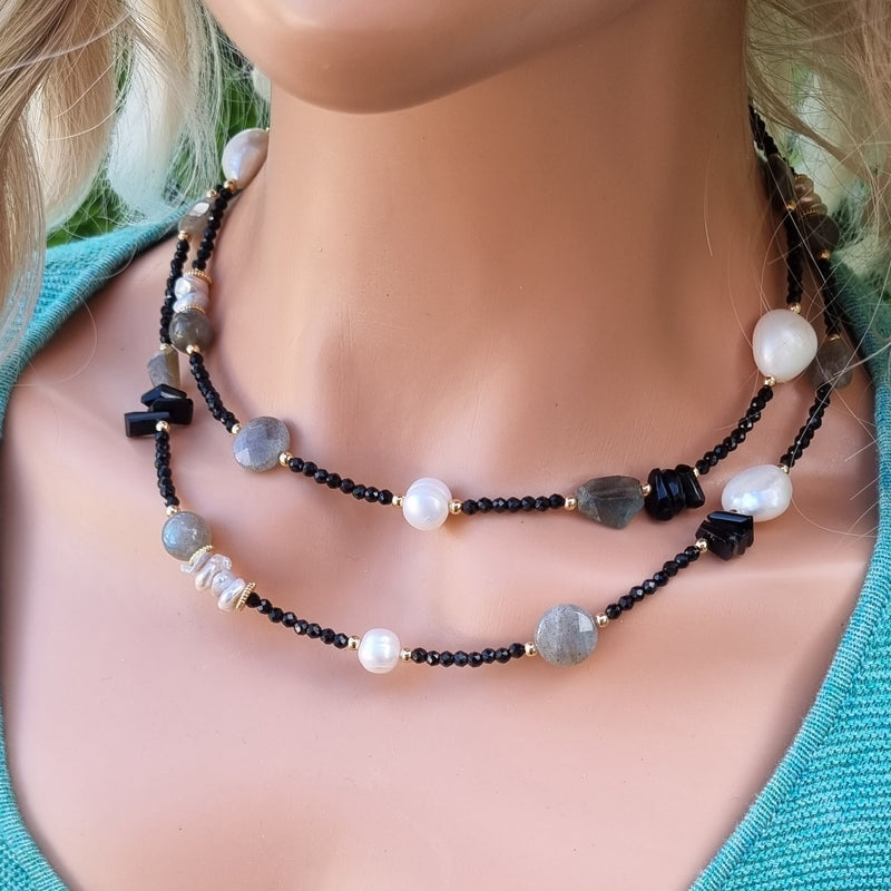 Pizzazz long Necklace Spinel, Pearl & Labradorite