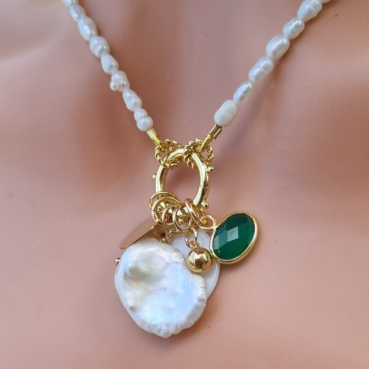 Charm necklace with pearl and gemstones