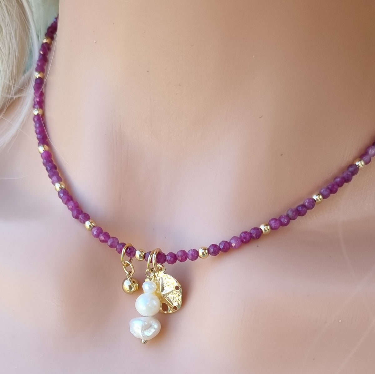 Amethyst necklace with gold filled and pearl charms