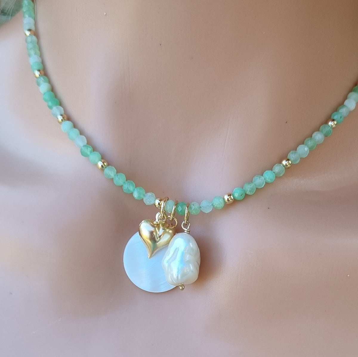 Chryophase necklace with pearl gold filled heart and mother of pearl charm